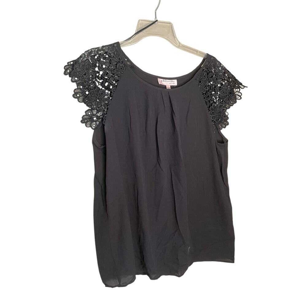 Philosophy Blouse Floral Lace Cap Sleeve Round Neck Lightweight Black Size L NWT